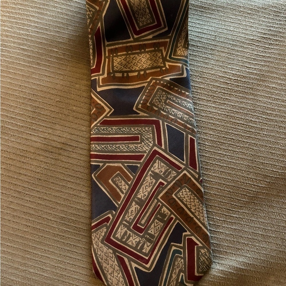 Christian Dior Geometric Patterned Tie in Blue and Brown Silk EUC!!